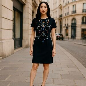 Vintage Y2K Colorful Jeweled Envellished Elegant Black Cocktail Party Midi Dress